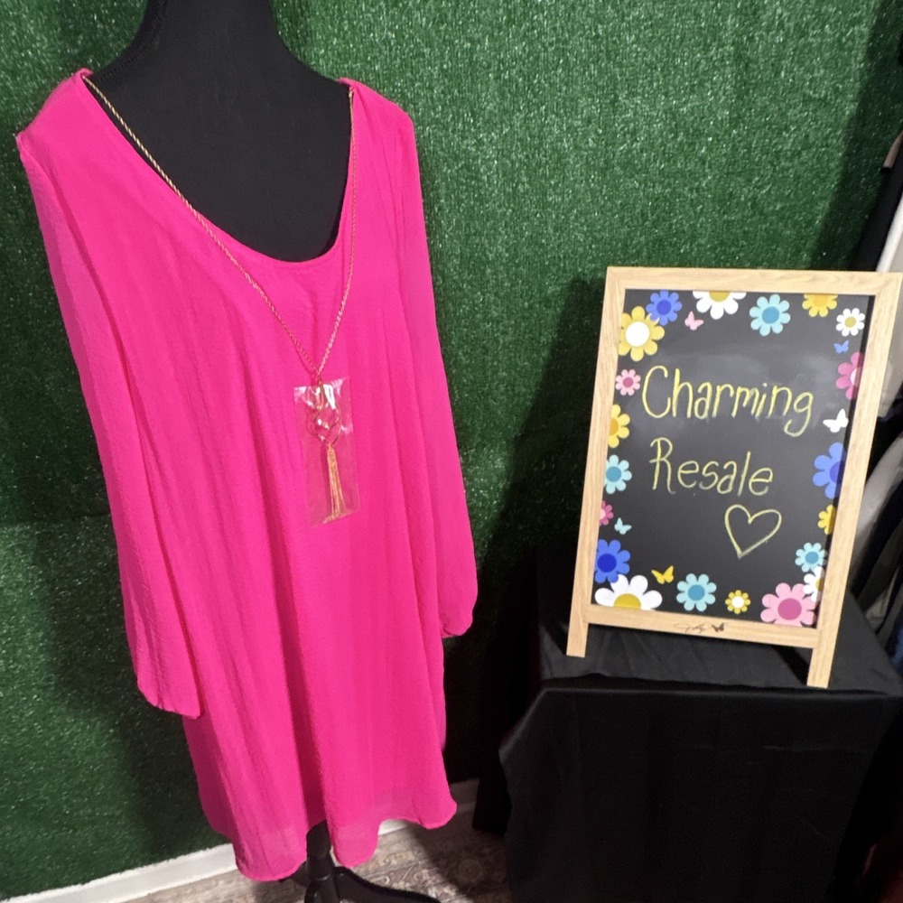 Chloe+Trene Pink Solid Scoop Neck 3/4 Sleeve Chain Accent Tunic Top Size L